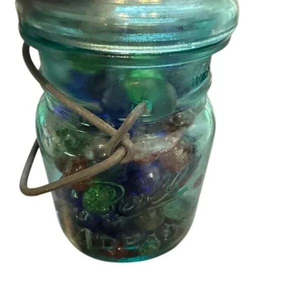 Vintage Blue Glass Jar With Wire Clamp with Glass Marbles - Picture 9 of 9